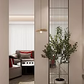 Minimalist Foyer Passage With Slatted Partition Potted Plant And Living Room View