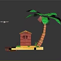 Tropical Island Scene With Palm Tree Red House Small Boat Wavy Water And Flying Airplane