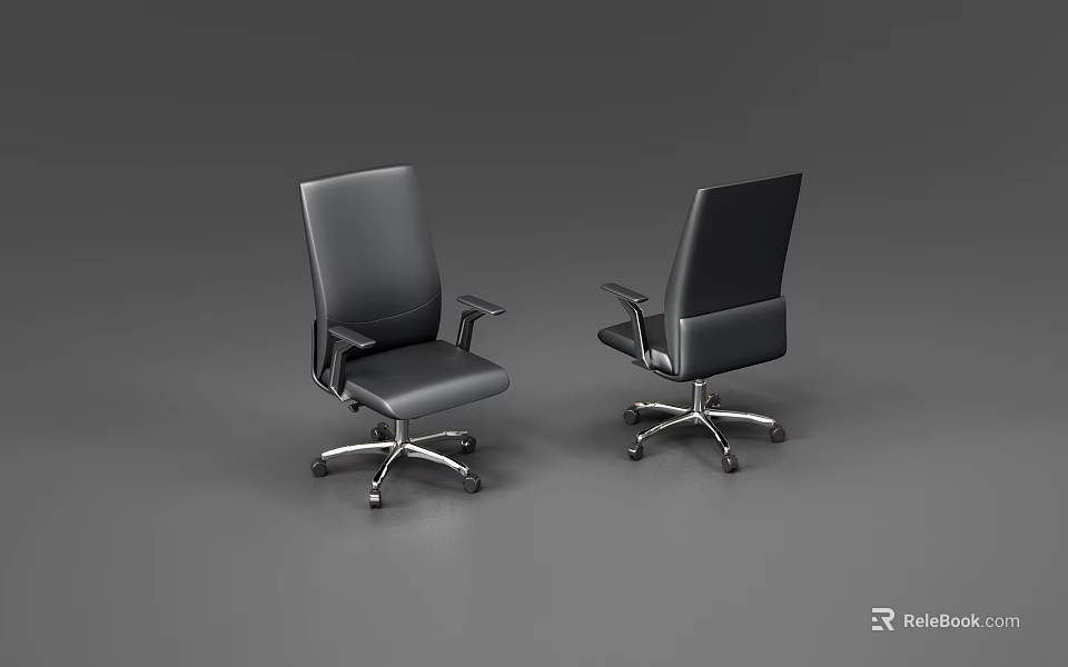 Two Modern Black Leather Office Chairs with Armrests and Swivel Wheel Bases 3d model 