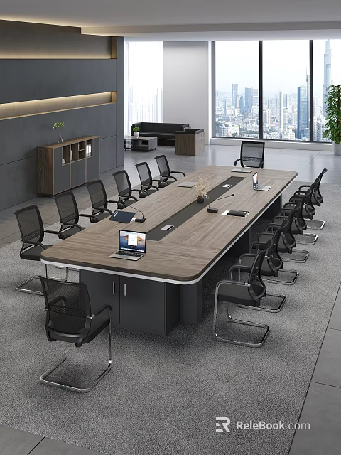 Modern Conference Table With Wooden Top Black Mesh Chairs Office Supplies And Large Windows 3d model 
