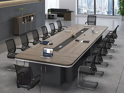 Modern Conference Table With Wooden Top Black Mesh Chairs Office Supplies And Large Windows 3d model