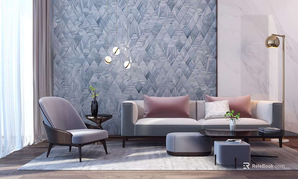 Elegant Light Gray Sofa Coffee Table Set With Pink White Cushions And Geometric Wallpaper 3d model 