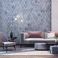 Elegant Light Gray Sofa Coffee Table Set With Pink White Cushions And Geometric Wallpaper