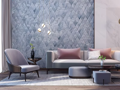 Elegant Light Gray Sofa Coffee Table Set With Pink White Cushions And Geometric Wallpaper 3d model