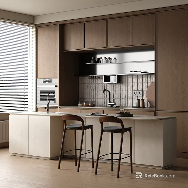 Modern Kitchen Interior Design With Wooden Cabinets Island Counter Bar Stools And Stainless Steel Appliances 3d model 