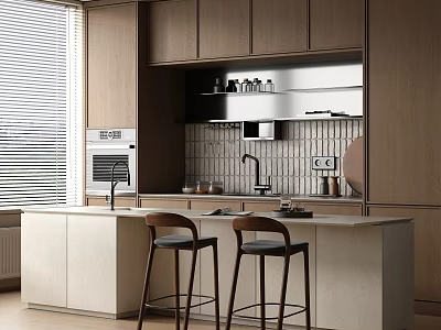 Modern Kitchen Interior Design With Wooden Cabinets Island Counter Bar Stools And Stainless Steel Appliances 3d model