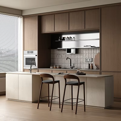 Modern Kitchen Interior Design With Wooden Cabinets Island Counter Bar Stools And Stainless Steel Appliances 3d model