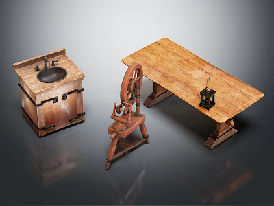 Vintage Wooden Collection Featuring Washstand Spinning Wheel And Table With Small Black Object 3d model