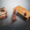 Vintage Wooden Collection Featuring Washstand Spinning Wheel And Table With Small Black Object