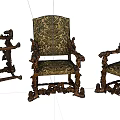 Classic Vintage Armchairs With Ornate Carved Wooden Frames And Patterned Fabric Upholstery