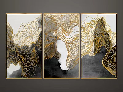 Modern Abstract Triptych Painting With Golden Flowing Lines And Black White Background 3d model