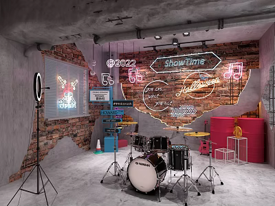 Public Office Space With Neon Signs Brick Wall Drum Set Ring Light And Live Music 3d model