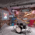 Public Office Space With Neon Signs Brick Wall Drum Set Ring Light And Live Music