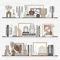 Stylish Modern Shelf Decor Arrangement With Books Vases Sculptures Framed Art And Clock