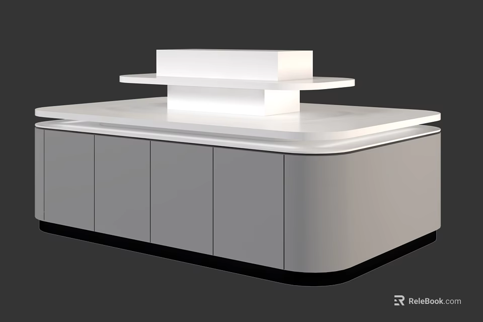 Modern Display Cabinet Shelving With White Countertop And Grey Cabinet Doors 3d model 