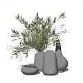 Various Shaped Gray Ceramic Vases With Green Olive Branches Modern Floral Decor