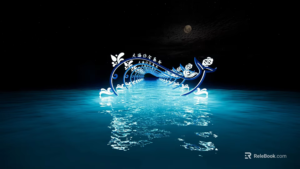 Elegant Illuminated Pergola With Blue Light Reflection In Water At Night 3d model 