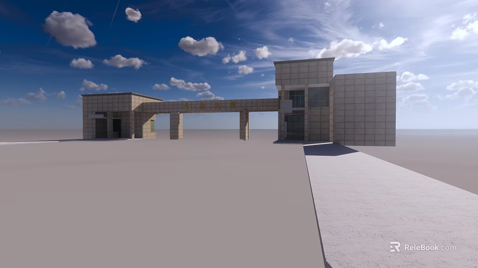 Modern Architectural Entrance Gate With Stone Structure And Open Space Under Blue Sky 3d model 