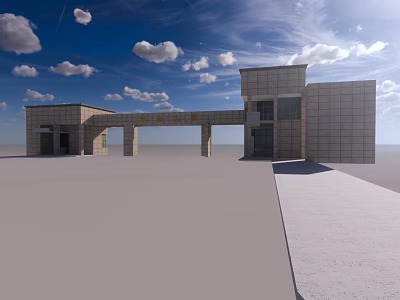 Modern Architectural Entrance Gate With Stone Structure And Open Space Under Blue Sky 3d model