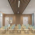 Kindergarten Indoor Area With Wooden Ceiling Large Screen And Child Friendly Chairs