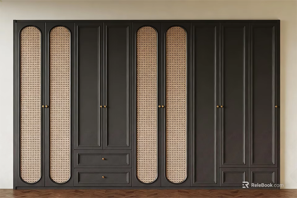 Modern Black Wardrobe With Rattan Insert Doors Multiple Panels And Drawer 3d model 