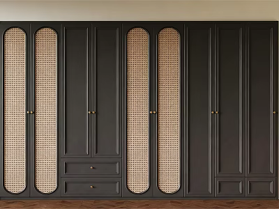 Modern Black Wardrobe With Rattan Insert Doors Multiple Panels And Drawer 3d model