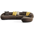 Modern Brown Sectional Sofa with Yellow Gray and Striped Decorative Cushions