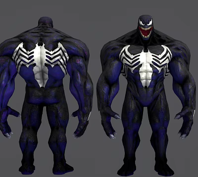 Venom Game Movie Character Front Back View Muscular Black Blue Body White Spider Symbol 3d model
