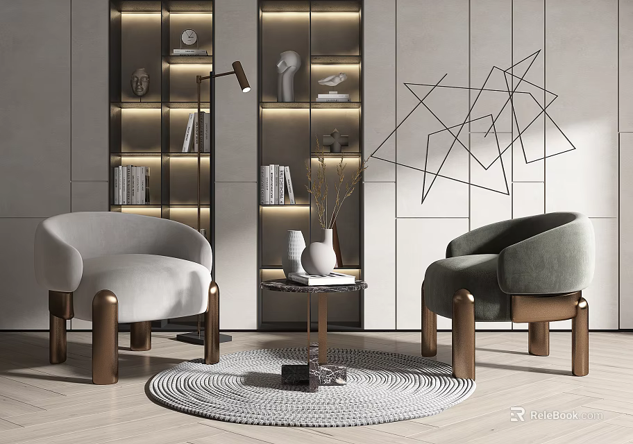 Modern Leisure Sofa Set Interior Design With Two Chairs Golden Legs And Round Woven Rug 3d model 