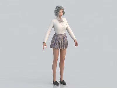 Woman with gray hair wearing white shirt with bow plaid skirt and black shoes 3d model