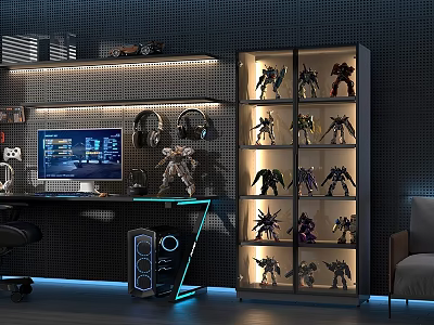 Gaming Entertainment Room Featuring Computer Setup Headphones Action Figure Display Cabinet and LED Lighting 3d model