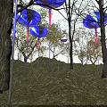 Outdoor Lights with Purple Pink Spherical Lamps and Illuminated Poles in Misty Night Forest