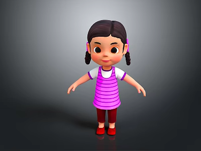 3D Cartoon Girl Character With Black Hair Pigtails Purple Striped Dress And Red Shoes 3d model
