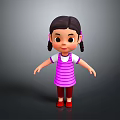 3D Cartoon Girl Character With Black Hair Pigtails Purple Striped Dress And Red Shoes