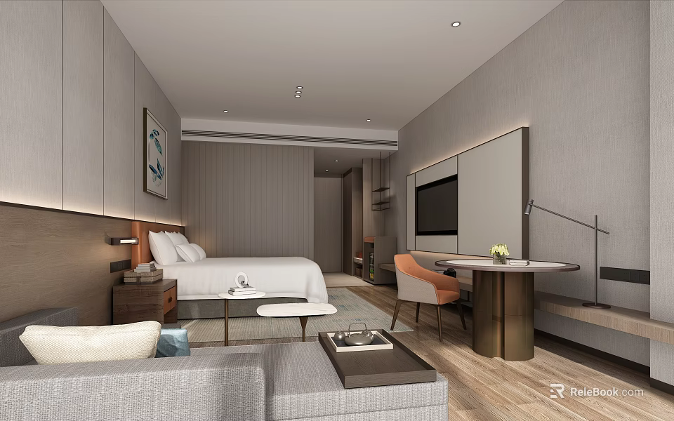 Modern Hotel Room Interior With Comfortable Bed Sofa Table TV And Decorative Painting 3d model 