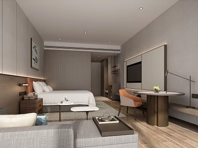 Modern Hotel Room Interior With Comfortable Bed Sofa Table TV And Decorative Painting 3d model