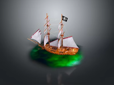 Detailed Wooden Pirate Ship Model With White Sails Black Skull Flag And Green Glowing Base 3d model