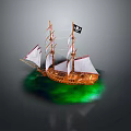Detailed Wooden Pirate Ship Model With White Sails Black Skull Flag And Green Glowing Base
