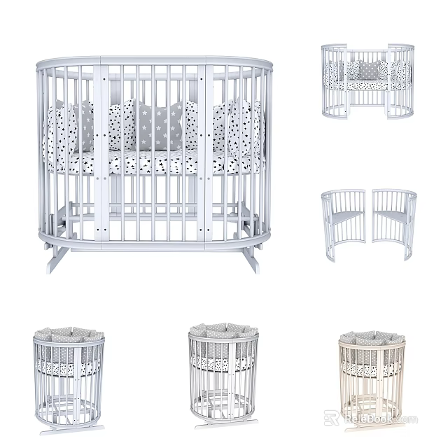 Modern Stylish Convertible Wooden Lounge Chair Converted From Oval Baby Crib With Comfortable Dotted Cushions 3d model 