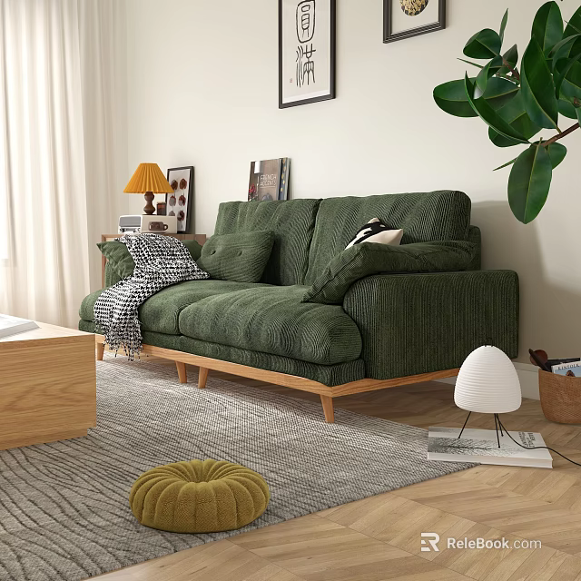 Green Corduroy Multi seat Sofa With Wooden Legs In Living Room Setup 3d model 
