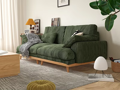 Green Corduroy Multi seat Sofa With Wooden Legs In Living Room Setup 3d model