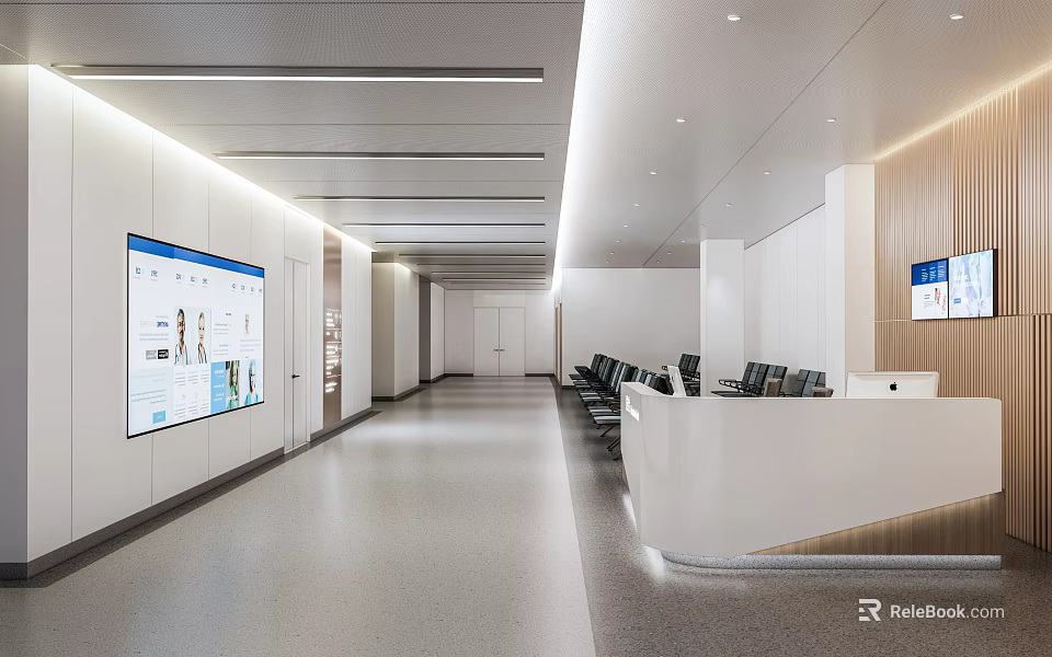 Modern Office Corridor Interior With Bright Lighting Reception Desk And Digital Screens 3d model 