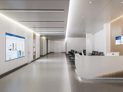 Modern Office Corridor Interior With Bright Lighting Reception Desk And Digital Screens 3d model