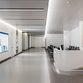 Modern Office Corridor Interior With Bright Lighting Reception Desk And Digital Screens