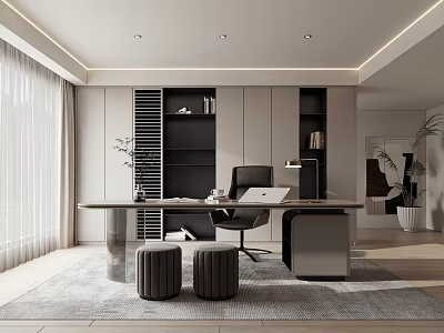 Modern Study Room Interior Design With Desk Laptop Office Chair Bookshelf Cabinet And Rug 3d model