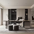 Modern Study Room Interior Design With Desk Laptop Office Chair Bookshelf Cabinet And Rug