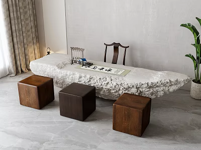 White Textured Table Set With Wooden Chair And Three Square Wooden Stools In Indoor Area 3d model