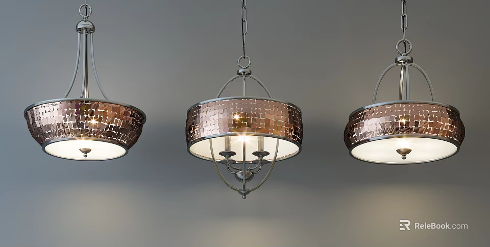 Three Copper Mosaic Chandeliers With Metal Frame Hanging On Gray Background 3d model 