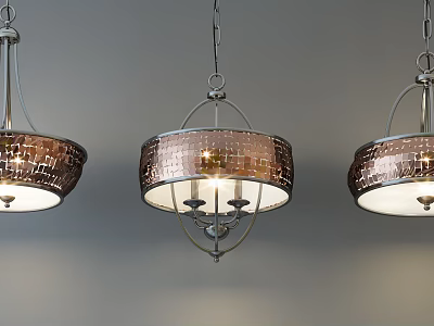 Three Copper Mosaic Chandeliers With Metal Frame Hanging On Gray Background 3d model