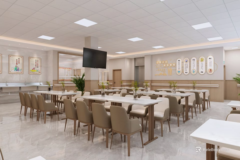 Bright Restaurant Interior With White Tables Beige Chairs Wall TV And Ceiling Lights 3d model 